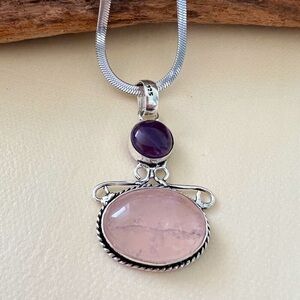 925 Sterling Silver Amethyst Rose Quartz Necklace Angel gemstone womens jewelry